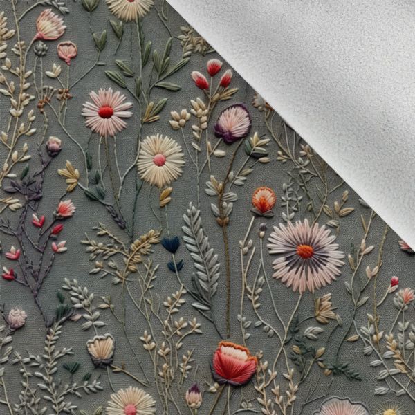 Tessuto impermeabile/Ortalion trapuntato - ricamo imitazione - prato fiori stampa grigio Antonia