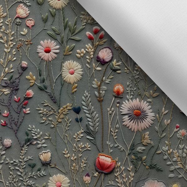Chiffon liscio plissettato/silky - stampa ricamo -  fiori di prato grigio Antonia