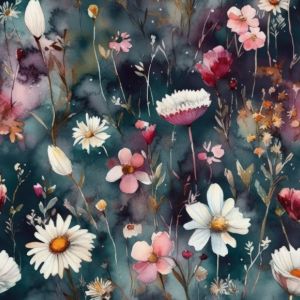 Seta artificiale/silky elastica - Acquerello fiori Marguerite Diana