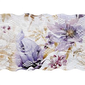Pizzo elastico 8 cm con stampa - Fiori viola Vilma 