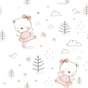 Minky con stampa - orsacchiotto rosa antico nella foresta bianca